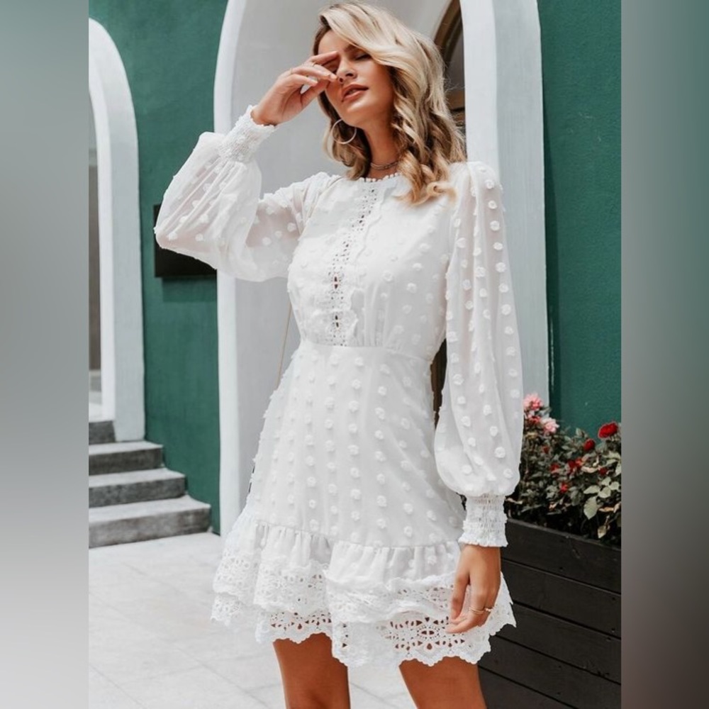 Rogue! White Swiss Dot Long Sleeve Lace Trim Mini Dress